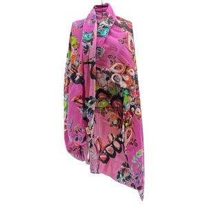 NEW Bindya Vibrant Pink 100% Silk Full Floral Wrap with Bird Watercolor Design